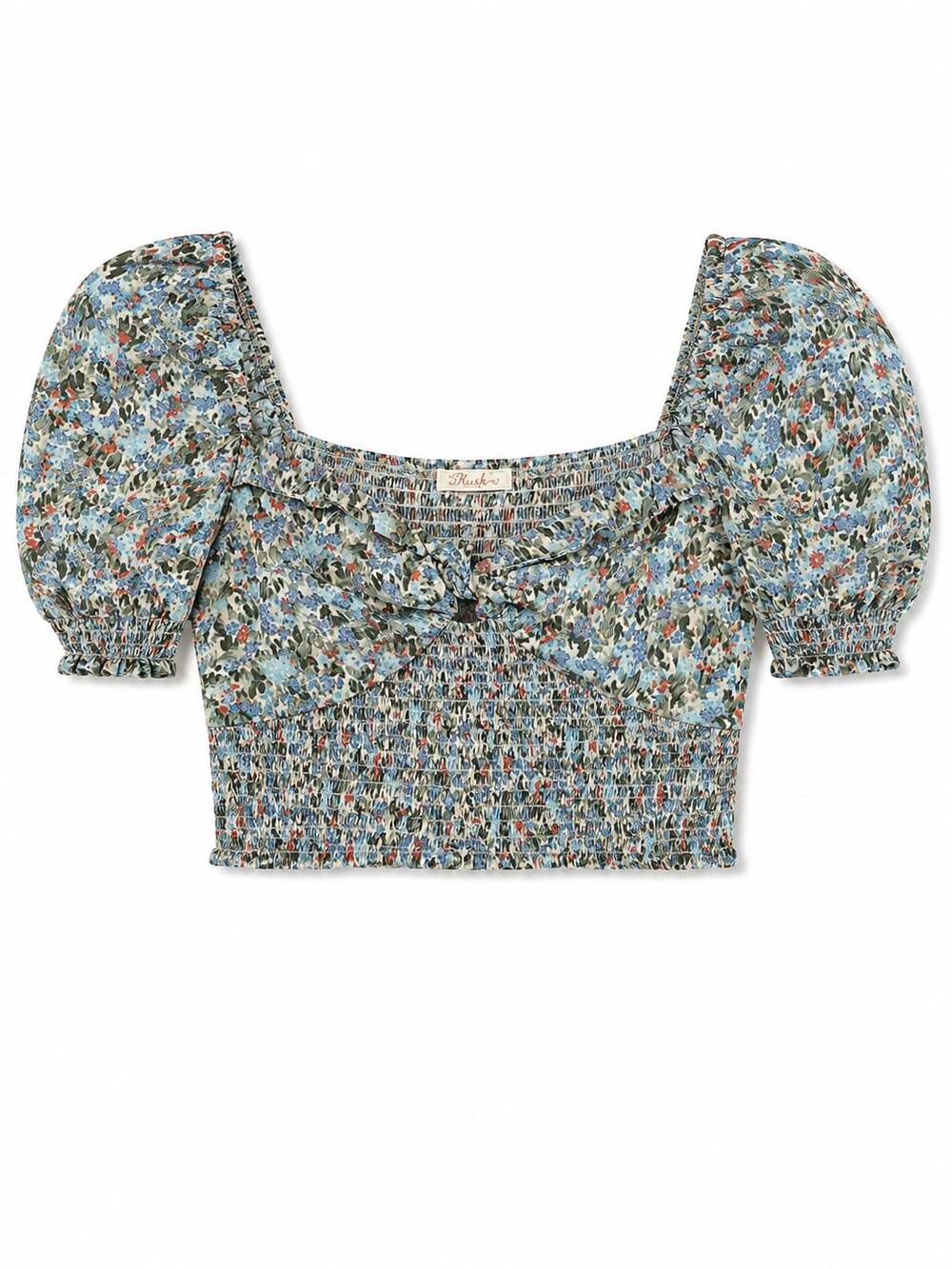 Blush Blue Multi Floral Smocked Puff Sleeve Crop Top Size L